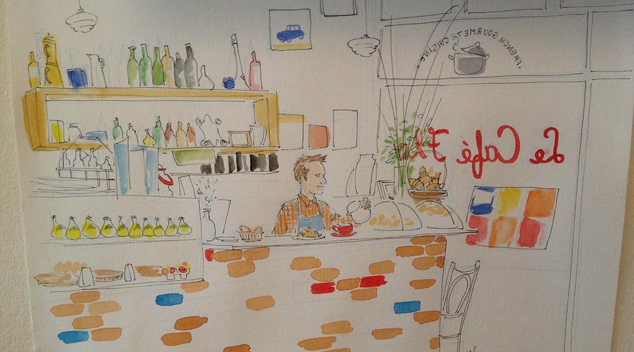 Hand-painted watercolor of Le Café Flo